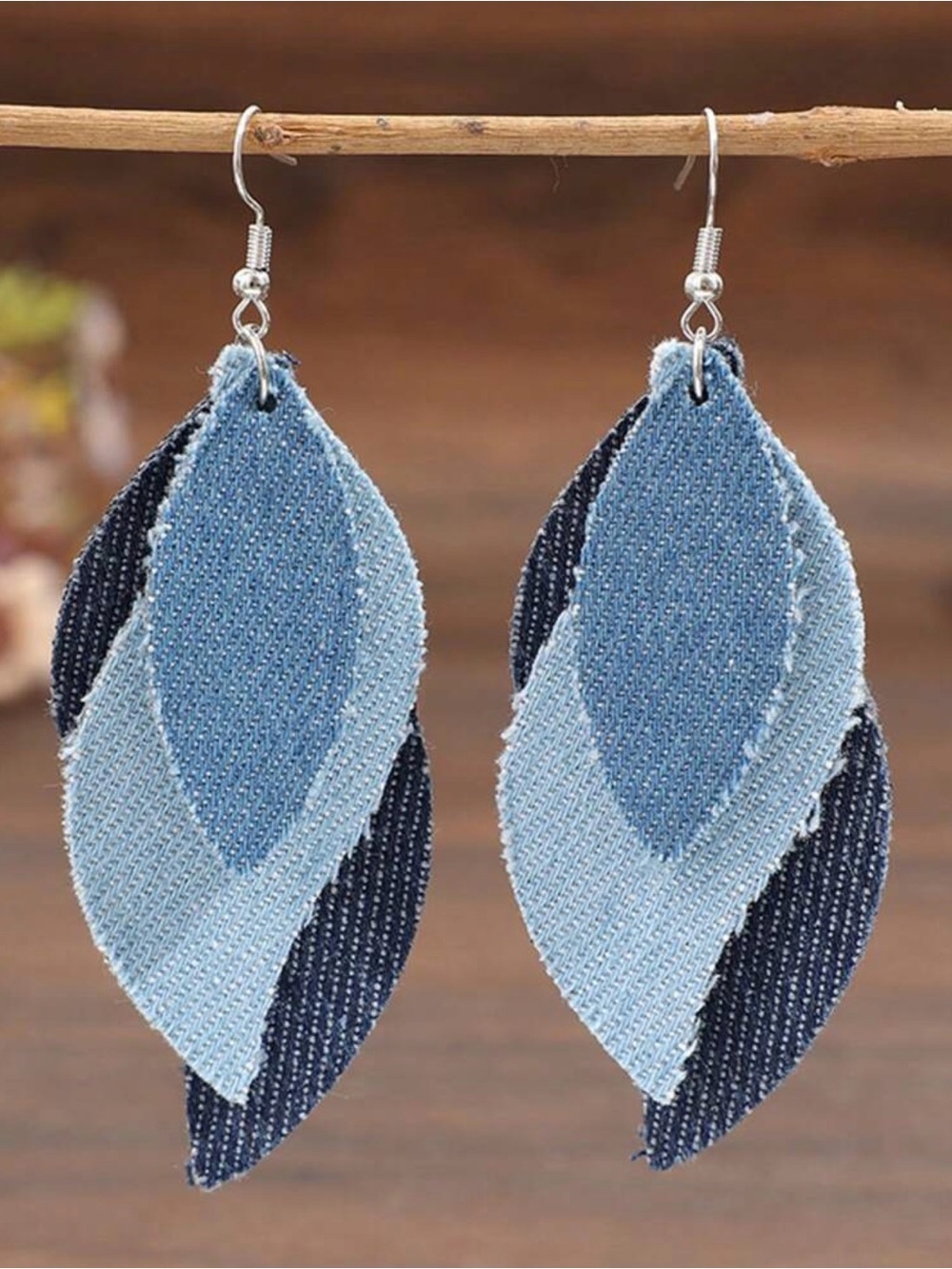 Denim Layered Leaf Drop Earrings - Blue